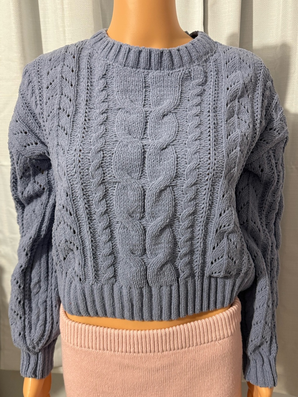 Pretty Pink Rose size XS dusty blue cable knit pullover sweater new